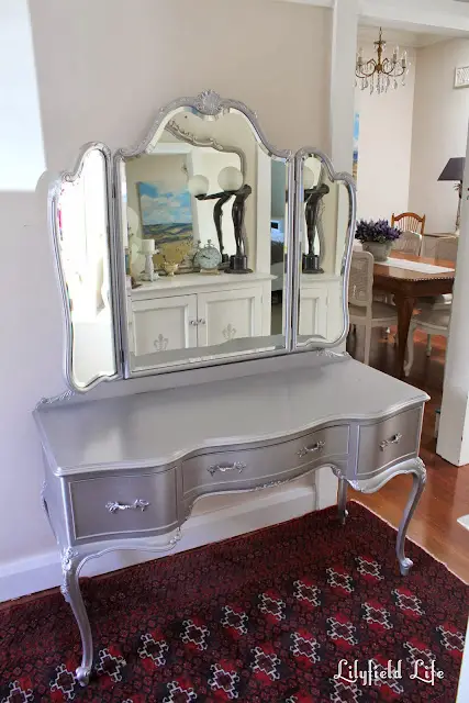 Silver makeup vanity with drawers