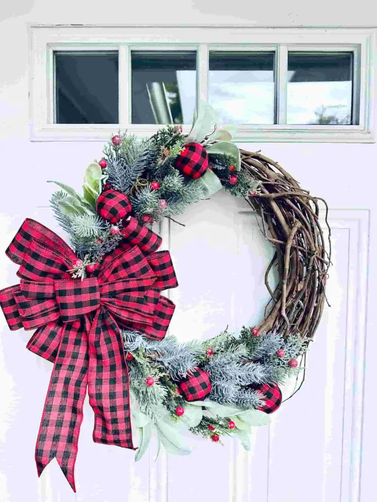 DIY Dollar Tree Christmas Wreath With Buffalo Plaid Ribbon