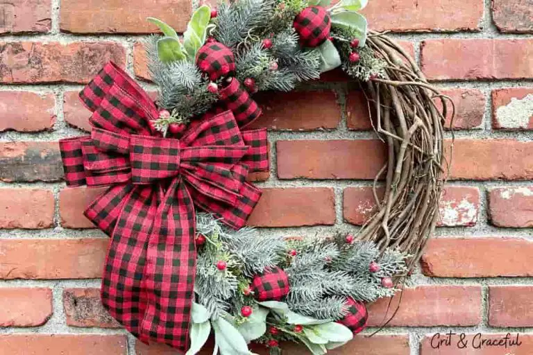 DIY Rustic Christmas Wreath With Buffalo Plaid Ribbon
