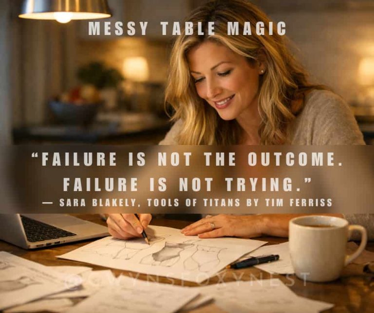 women at a kitchen table with coffee and a laptop working on her dream with a text overlay “Failure is not the outcome. Failure is not trying.” — Sara Blakely, Tools of Titans by Tim Ferriss