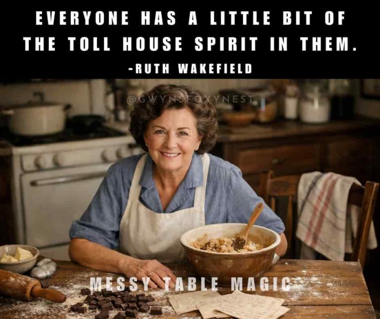 an AI generated image of Ruth Wakefield’s with a quote by her "Everyone has a little bit of the Toll House spirit in them."