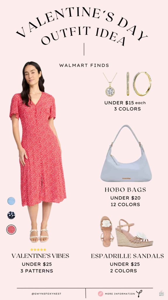 Valentine's day dress inspiration from Walmart with earrings, necklace, shoes and purse.