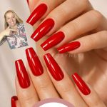 manicured with long coffin shape with glossy red nails