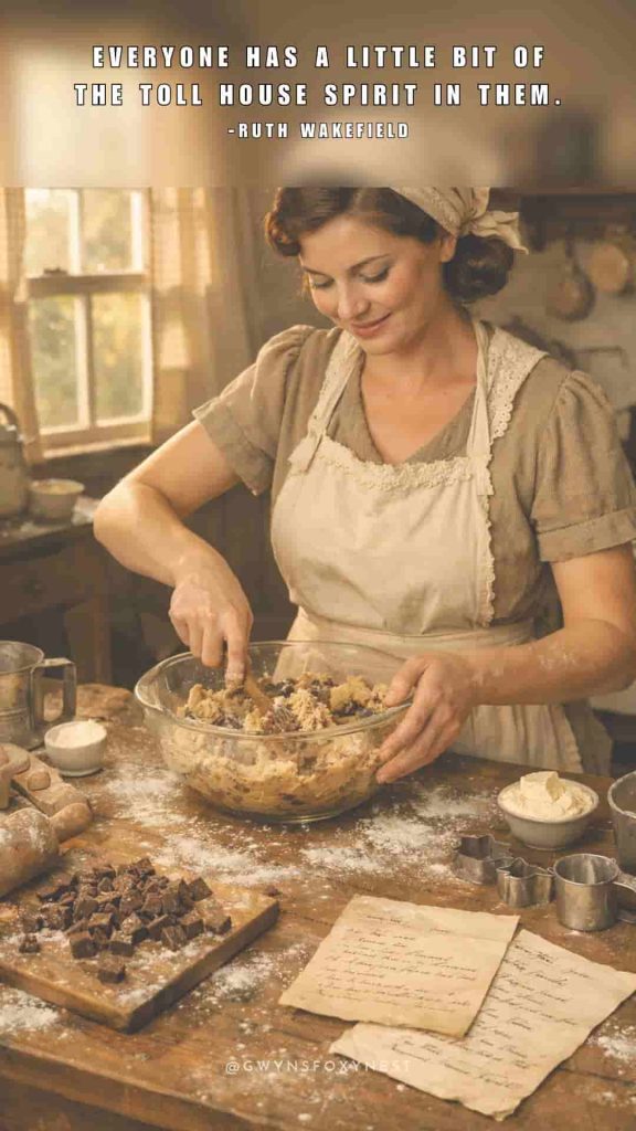 woman baker standing at a slightly messy wooden kitchen table mixing cookie dough in a glass bowl.