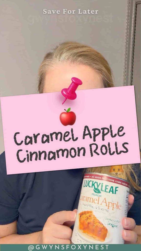 Two ingredient caramel apple cinnamon rolls in a baking dish with gooey caramel apple pie filling